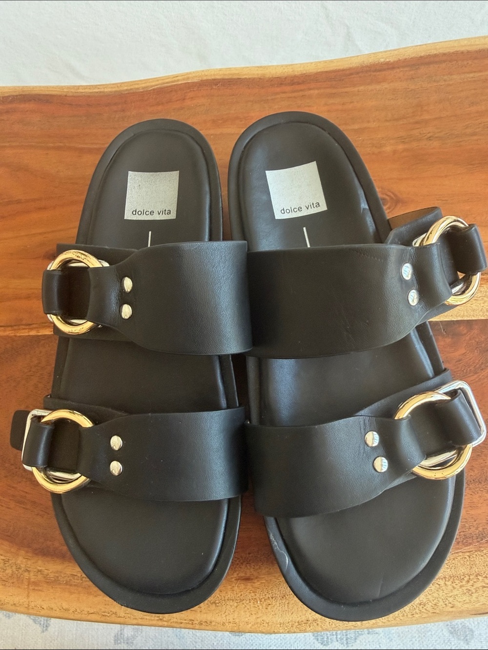 Dolce Vita Platform Black Double-Strap Slides with Gold Rings